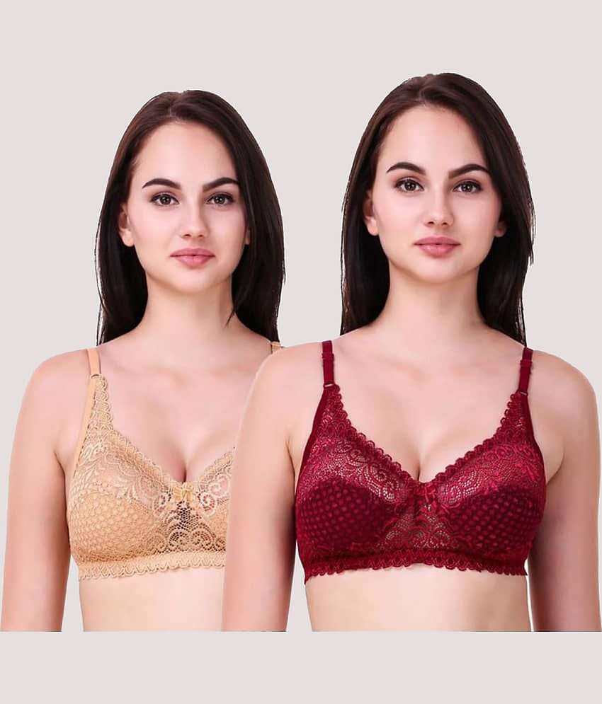Kiran Enterprises Pack of 2 Net Non Padded Women's Bralette Bra ( Beige,Maroon )