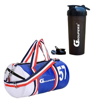 GROUPERS Duffle PU Leather Bag with Shaker Bottle-700mllSports & Travel BaglSports Kitl (Blue White)