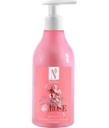 NutriGlow NATURAL'S English Rose Body Milk For Intensive Nourishment, 8 Hour Moisture Lock & Repairs Skin Damage, No Parabens & Mineral Water, 300 ml