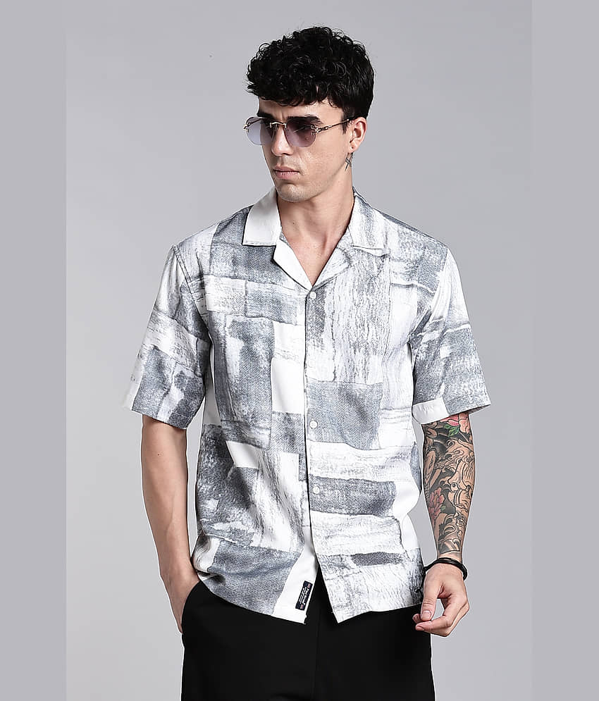 Paul Street Cotton Blend Boxy Printed Half Sleeves Cuban Collar Men's Casual Shirt (White)