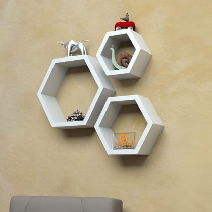 White Wooden Wall Mount Hexagon Shelves