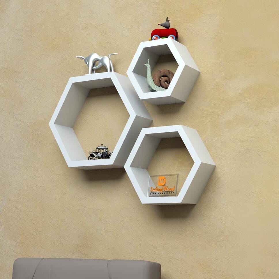 White Wooden Wall Mount Hexagon Shelves