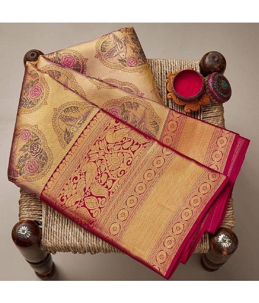 Gazal Fashions Banarasi Silk Printed Saree With Unstitched Blouse Piece ( Multicolour )