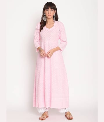 Queenley - Pink Cotton Women's Flared Kurti ( Pack of 1 )