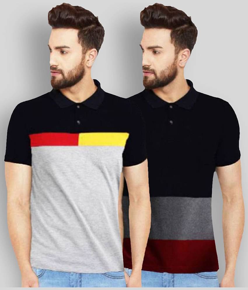 Leotude Pack of 2 Cotton Blend Regular Fit Colorblock Half Sleeves Men's Polo T Shirt ( Black )