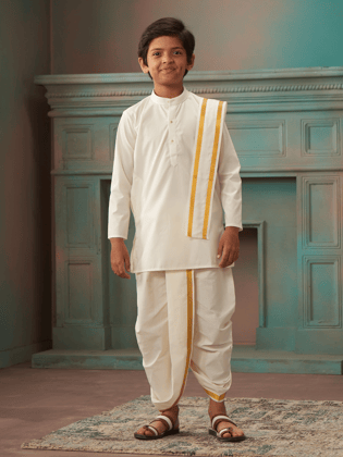 Boys Cotton Cream Kurta Readymade Panchakacham Towel Combo with Gold Jari Border Champak-Kids 01 - 02 Yrs / Cream