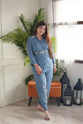 Meerza Blue Crystal Embellished Cordset-XL