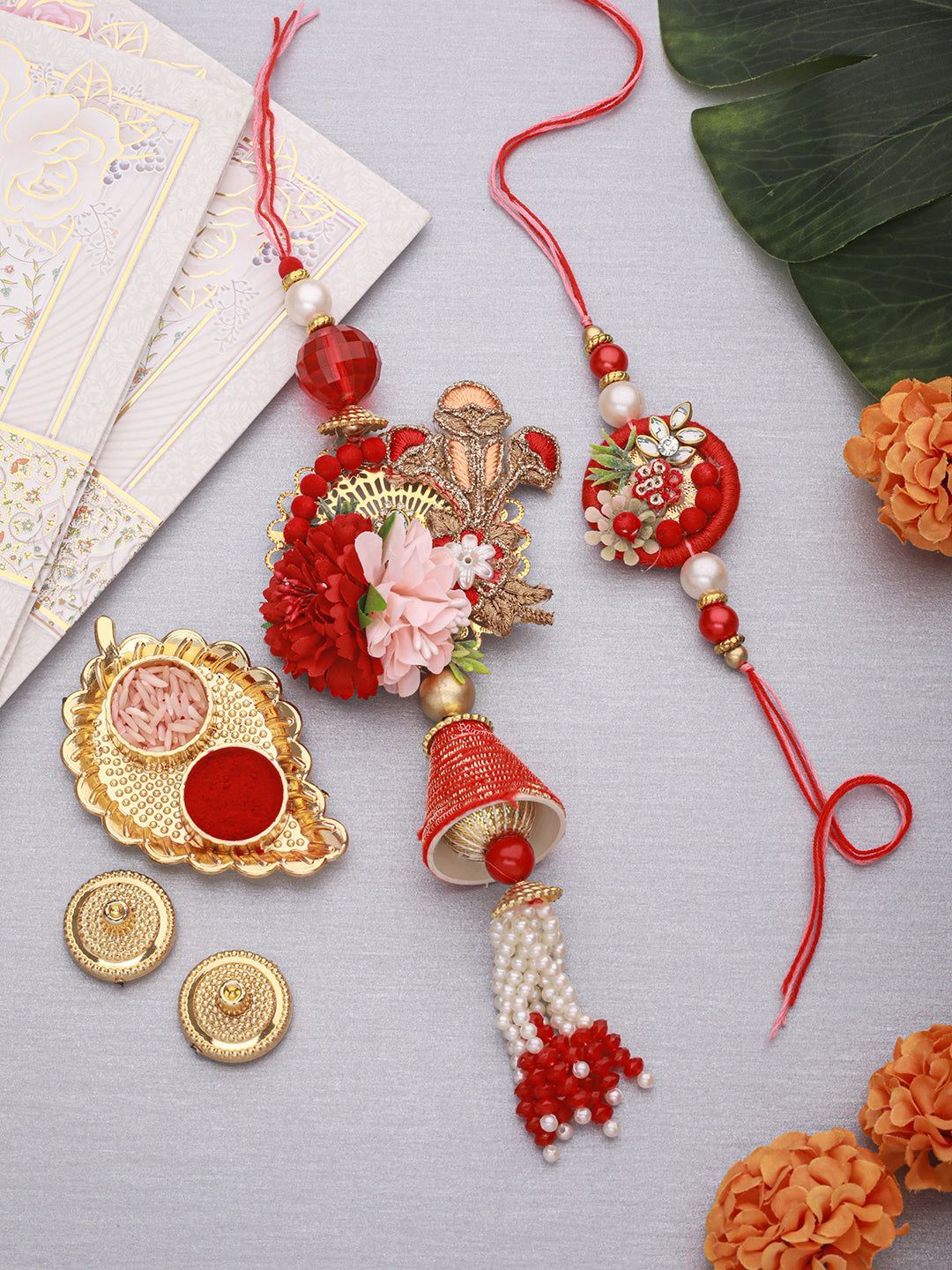 Set of 2 Designer Red  Kundan Zardozi  Handcrafted Lumba Rakhi Set With Roli Chawal Pooja Plate For Bhai & Bhabhi