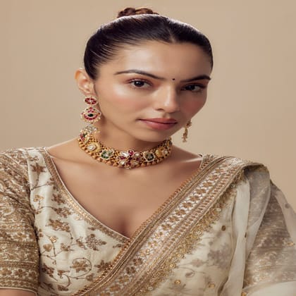vivinia BY VIDHI MEHRA Morpankh Gold Plated Multi Womens Kundan, Polki Choker Necklace Set with Pair of Earrings (Freesize) - VN833