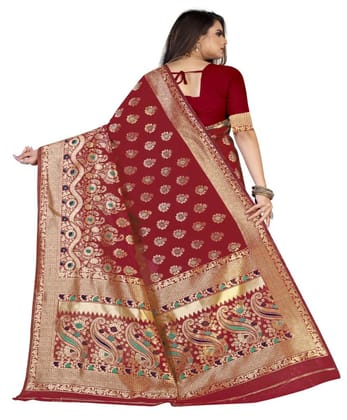 Women's Banarasi Silk Designer Weaving Saree with Unstitched Blouse (Maroon, 5.50 Mtrs)