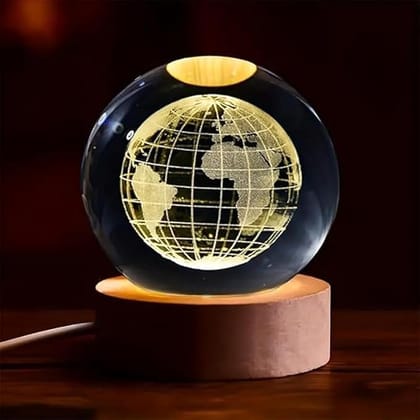 3D Crystal Ball Night Light, Crystal Earth Ball Night Lamp with Wooden Base Fantasy Decoration Crystal Ball LED Night Light Bedroom Decor ( Crystal Earth ) ( Pack Of 2 )