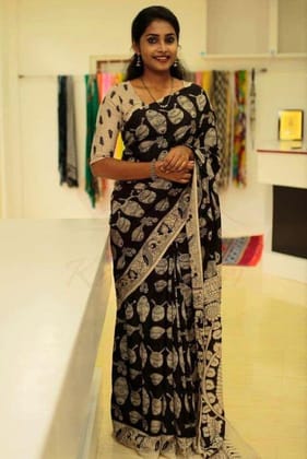 Black color Tabla Kalamkari Linen Digital Printed Sari 1237