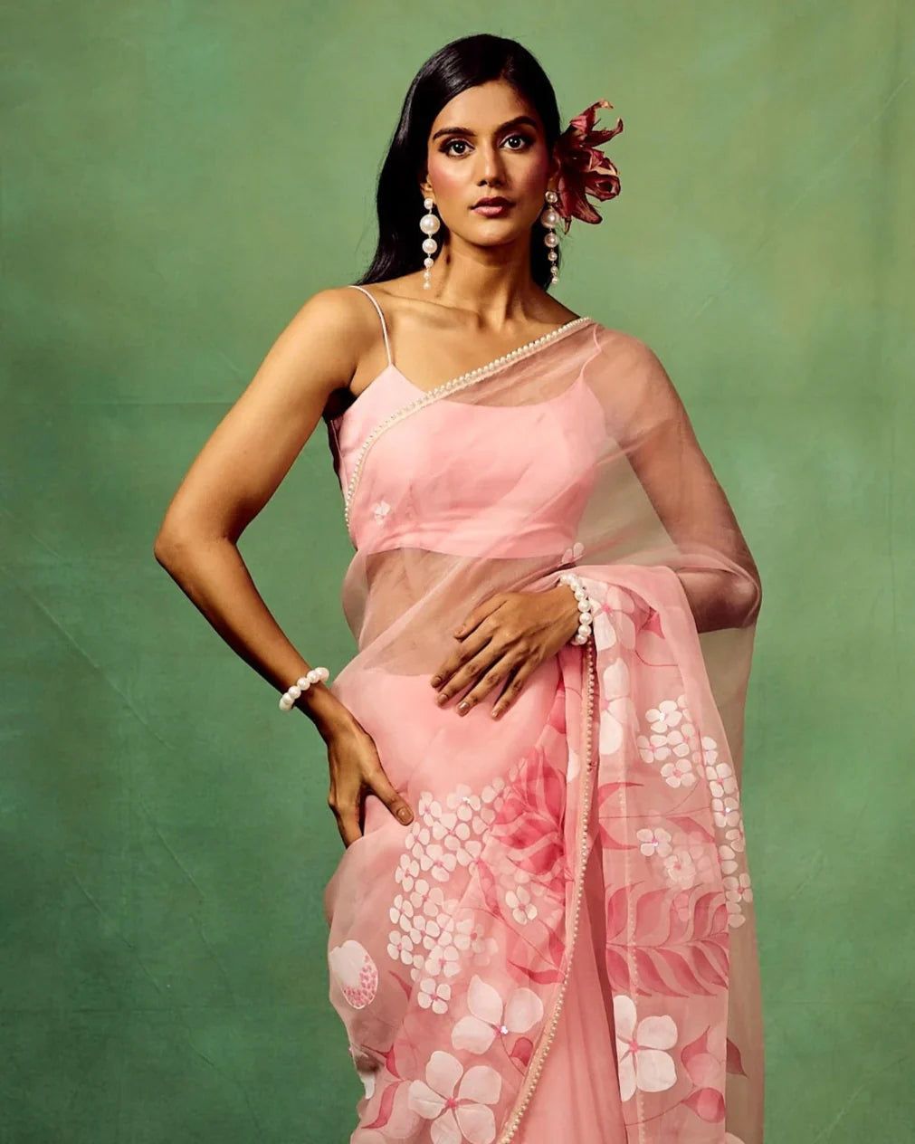 Rose Pink Pure Organza Saree with Hand-Painted Multi-Floral Motifs & Sequin Highlights | Satin Blouse-Regular