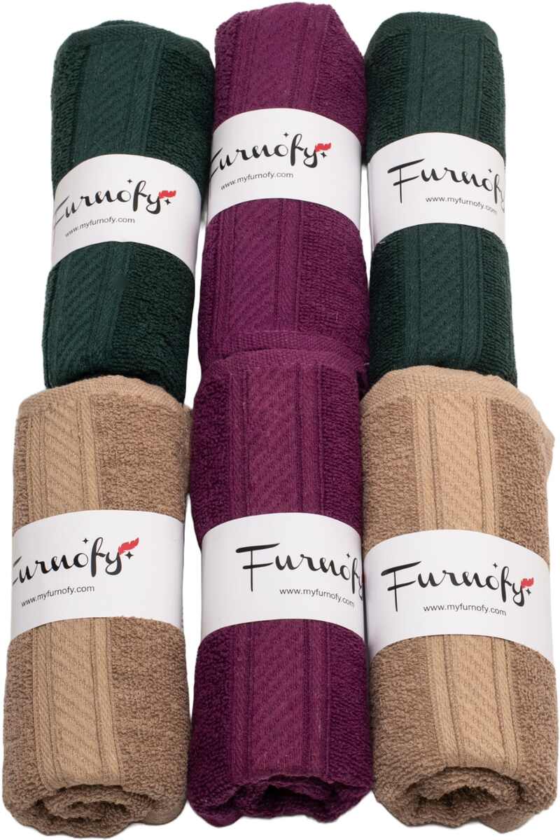 Furnofy Cotton 450 GSM Hand Towel Set Magenta, Olive Green, Beige (Pack Of 6)