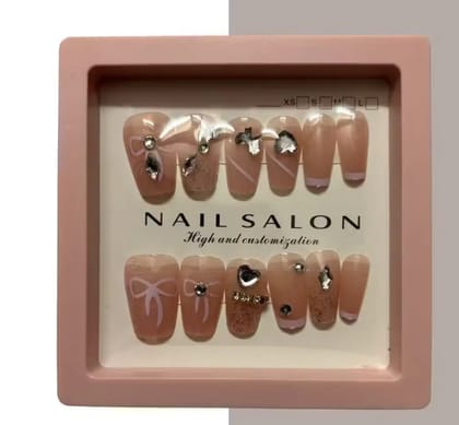 Kozykit Peach Pink Designer Tip Press-On Nails Set for Women | Artificial Zircon Nail Art | Glossy Artificial Fake Nail Extensions | Reusable Stick-On Nails with Free Nail Kit