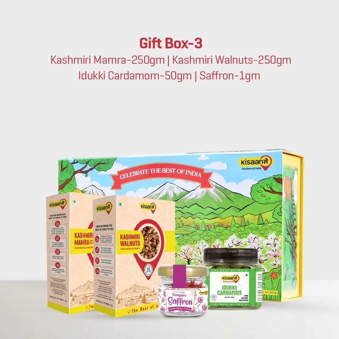KisaanSay Gift Box-3 -Mamra 250g - Walnuts 250g - Cardamom 50g - Saffron 1g
