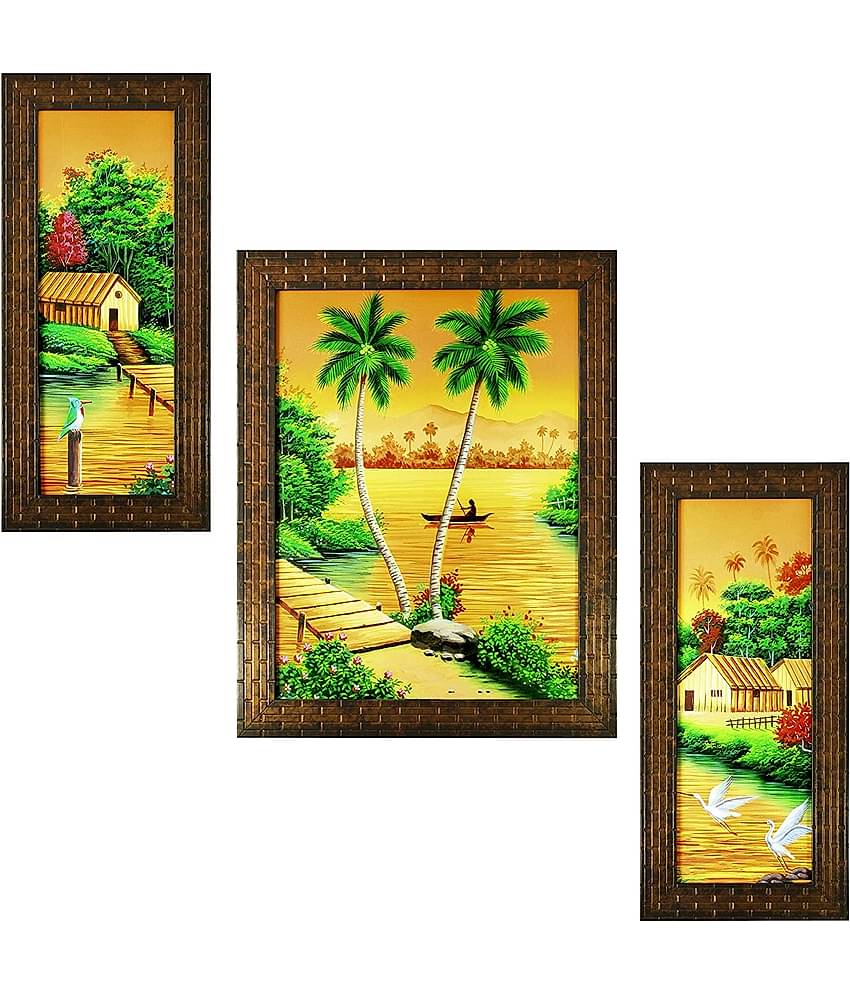 Indianara Scenery Set of 3 Wood Painting With Frame