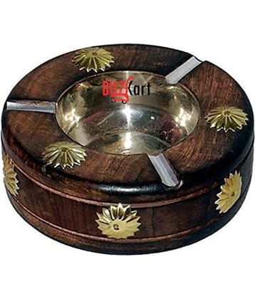 BuzyKart Wooden Premium Quality Antique Hand carved Round Ashtray