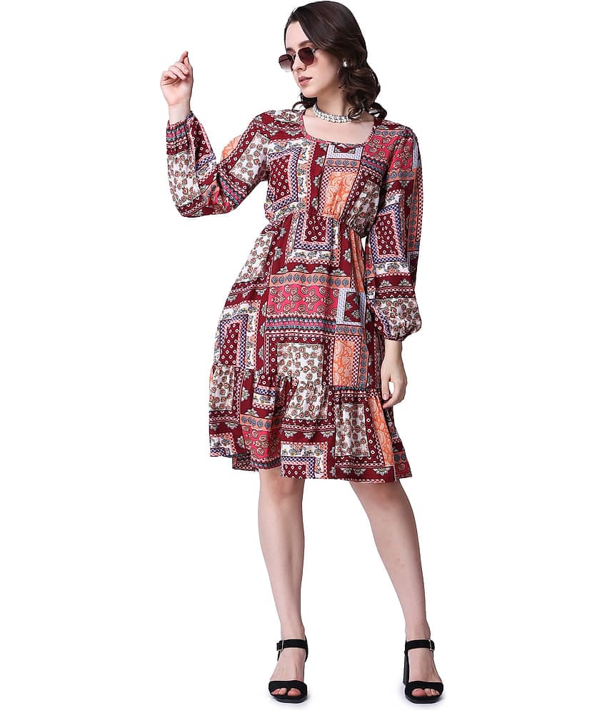 POPWINGS Women Polyester Printed Fit & Flare Dress ( Red )