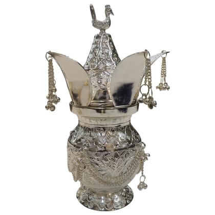 Brass Decorative Silver Finish Kalash | Temple & Puja Item, Height : 10 Inch (ATMAS070 C)
