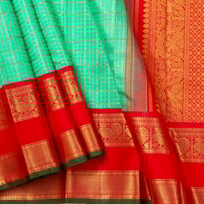 Sea Green And Red Kanchipuram Silk Saree For Wedding Wear PV NYC 1537