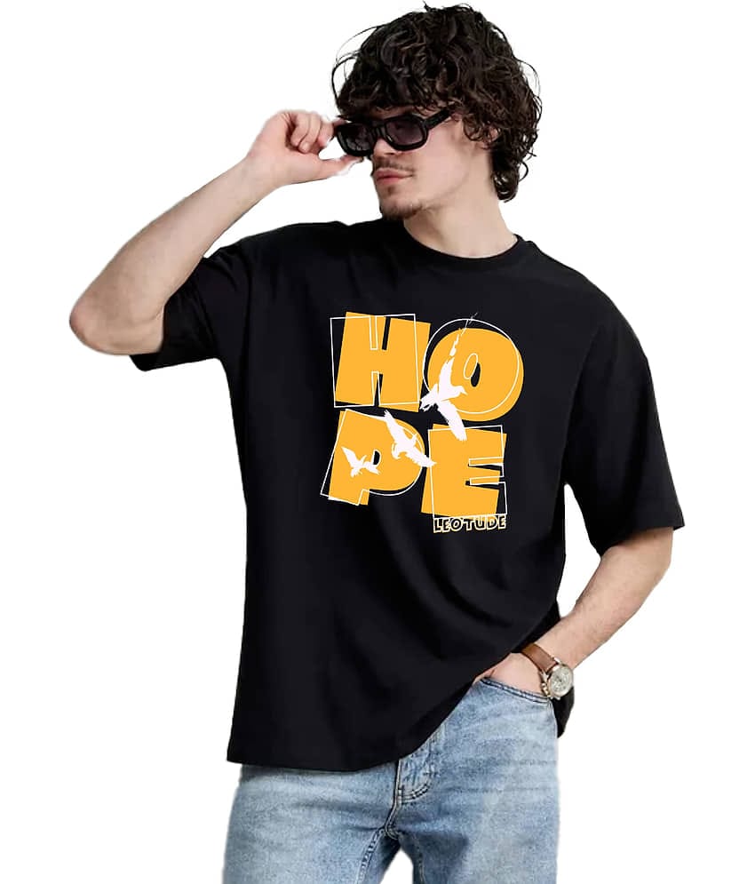 Leotude Men Cotton Blend Oversized Fit Printed T-Shirt ( Black )