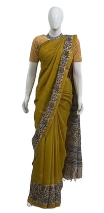 Kalamkari Mangalgiri Silk Cotton Saree Mustard Yellow
