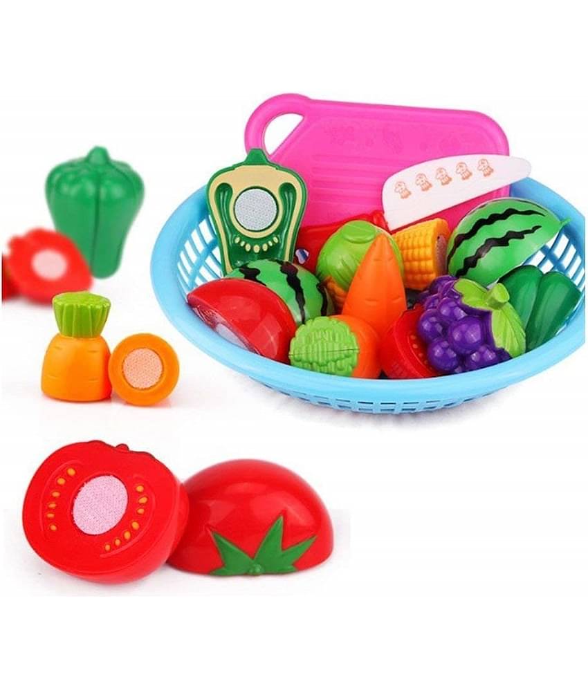 Fratelli Play Food Realistic Sliceable 13pc Fruits & Vegetables with Cutting Board,Knife and Storage Basket Toy for Kids, Multicolor
