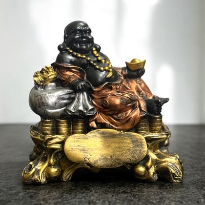 Laughing Buddha Sitting on Coins Statue Resin Figurine The Best Gift For Baby Shower H- 21 cm-Poly Resin
