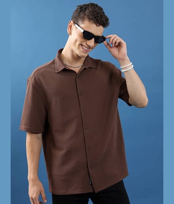 Highlander Cotton Blend Oversized Fit Self Design Half Sleeves Men's Casual Shirt - Brown ( Pack of 1 )
