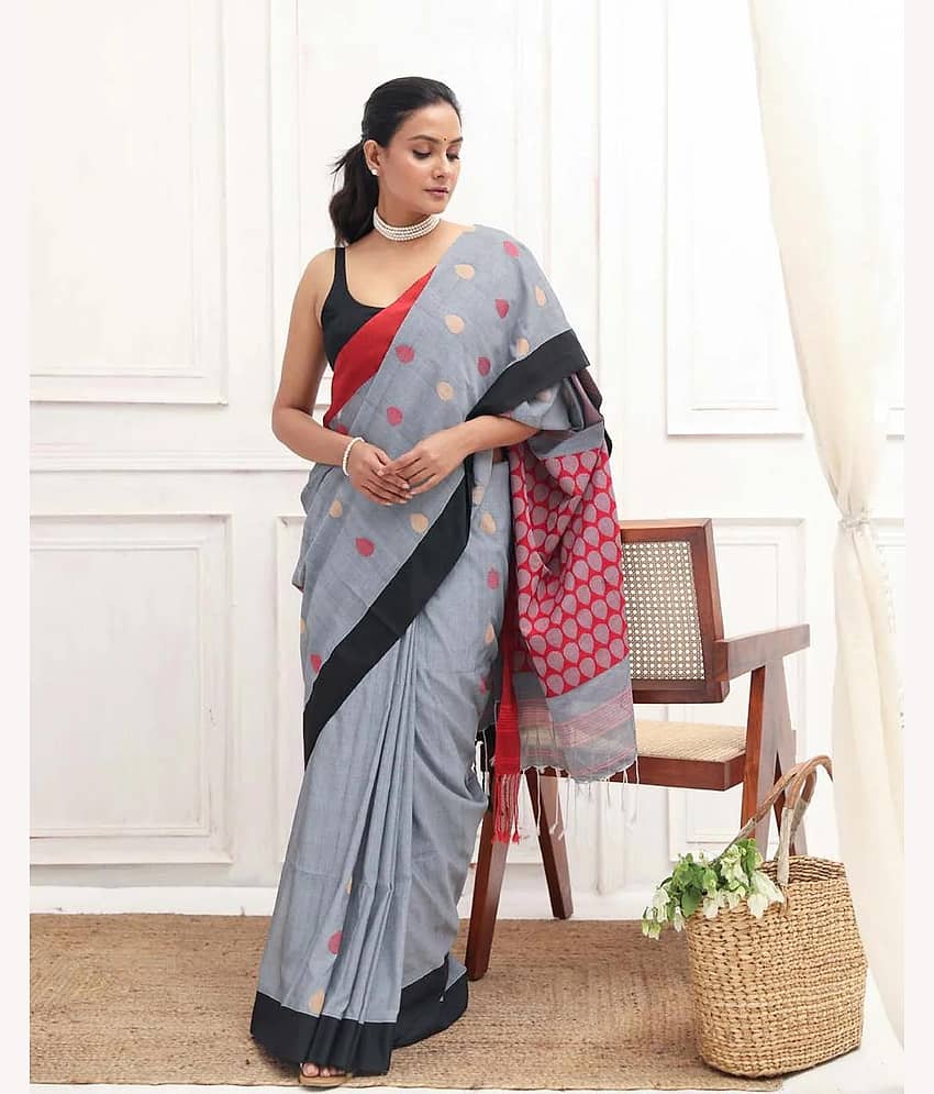 SARADA HANDLOOM Cotton Woven Saree With Unstitched Blouse Piece ( Grey )