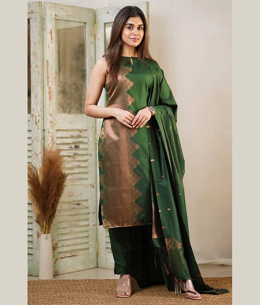 Trijal Fab Banarasi Embellished Kurti With Pants Women's Stitched Salwar Suit - Green ( Pack of 1 )