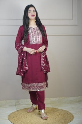 Maroon Colour Zari Work Straight Kurta Set with Pant & Dupatta-XL / MAROON