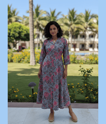 Wonder Weaves Women Cotton Printed Ethnic Dress ( Grey )