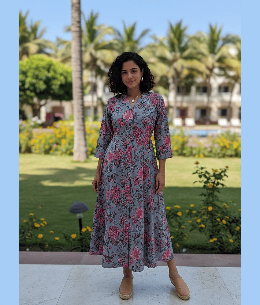 Wonder Weaves Women Cotton Printed Ethnic Dress ( Grey )