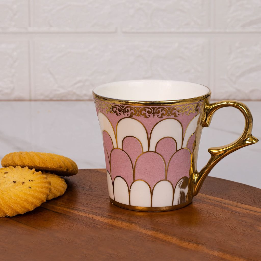 Femora Water Drop Scale Pattern Golden Tea Mugs, Ceramic Tea Cups, Coffee Mugs (160 ml, Pink) - 6 Pcs Set