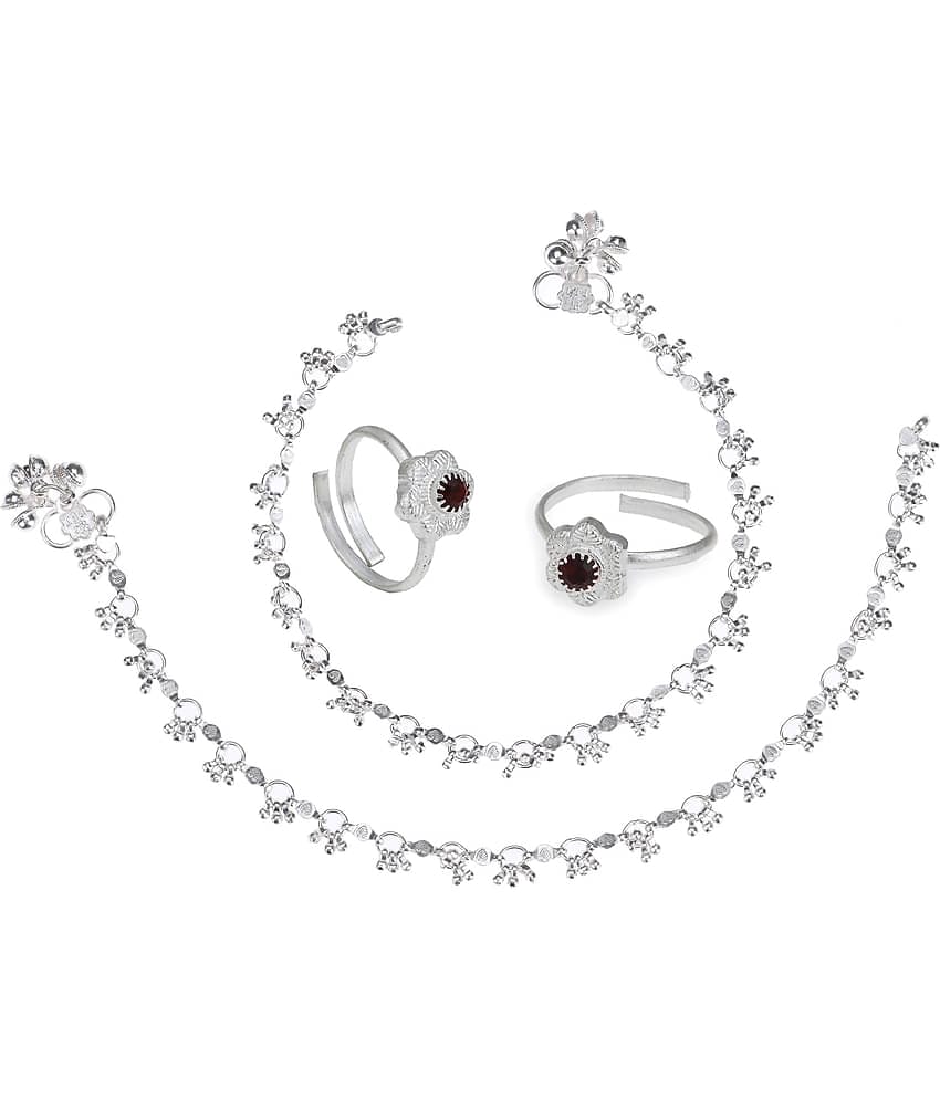 AanyaCentric Silver Plaed 1 Pair Anklet & 1 Pair Toe Ring Combo