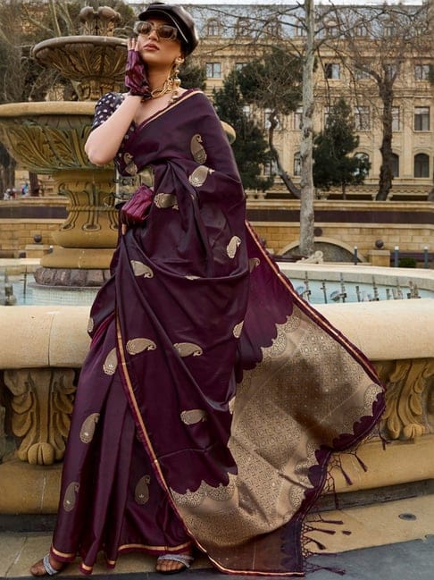 Dark Wine Woven Design Zari Silk Blend Banarasi Saree