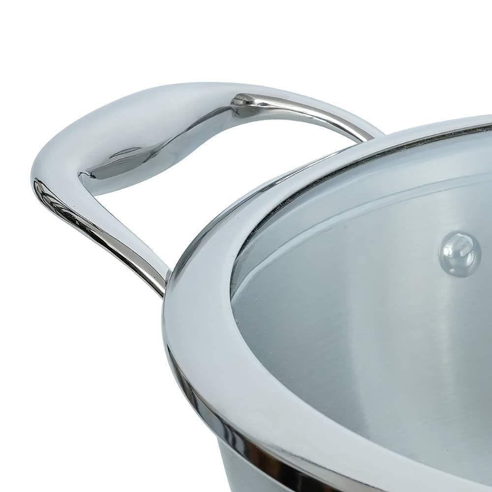 Femora Stainless Steel Tri-ply Deep Frying Kadhai Pan with Zero Non-Stick Coating with Glass Lid (Silver, 26 cm Capacity 3.2 L )