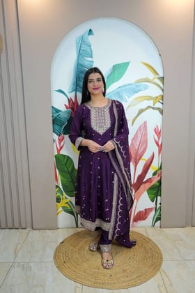 Purple Colour Zari Work Anarkali Kurta with Pant & Dupatta-Dark Purple / 2XL