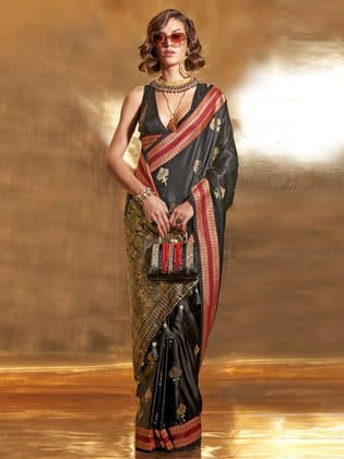 Black Woven Bollywood Satin Silk Blend Saree