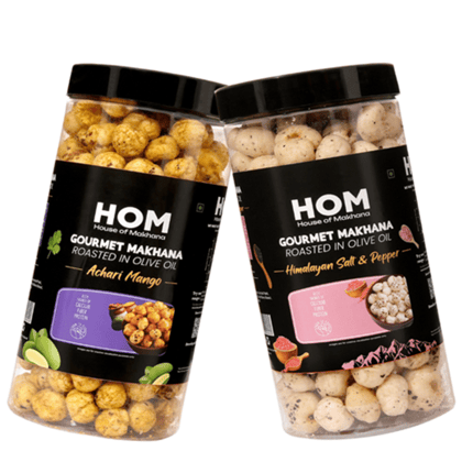 GOURMET MAKHANA Roasted in Olive Oil | Flavors Achari Mango & Himalayan Salt and Pepper | Combo Of 2, 65g Each. - 130 gm