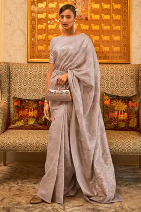 Pinkish Grey Linen Silk Saree With Sequence Work