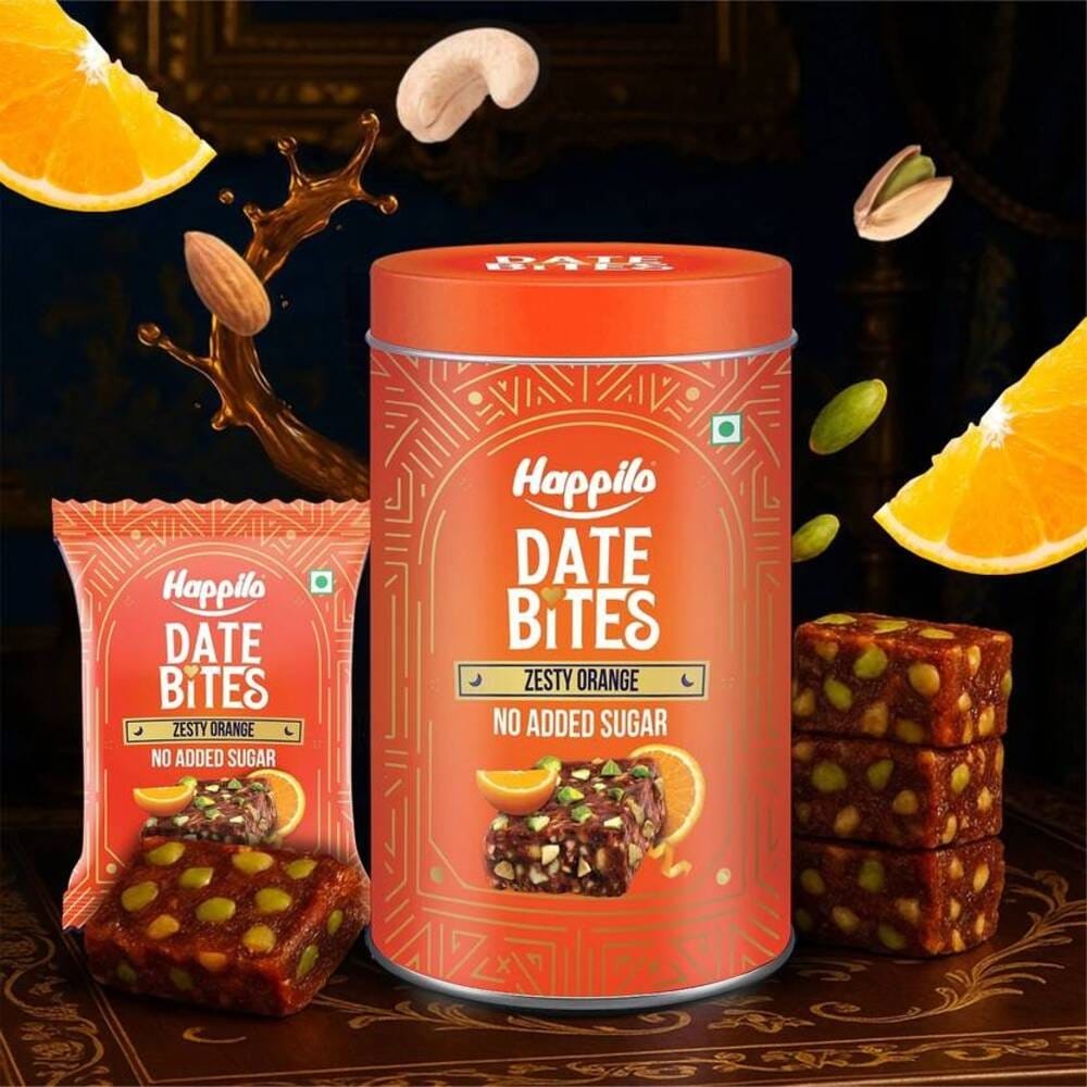 Happilo Premium Date Bites Zesty Orange Reusable Tins 200g