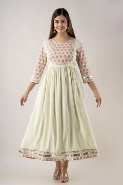 Women Printed Viscose Rayon Flared Kurta  (Light Green)