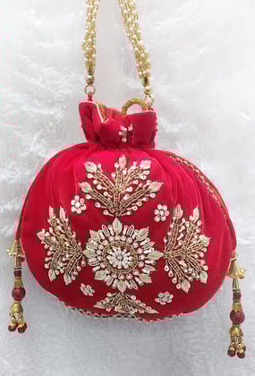 Red Velvet Potli Bag with Pearl and Stone Embellishment