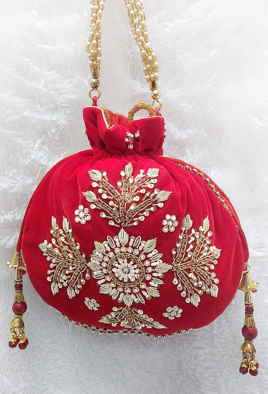 Red Velvet Potli Bag with Pearl and Stone Embellishment