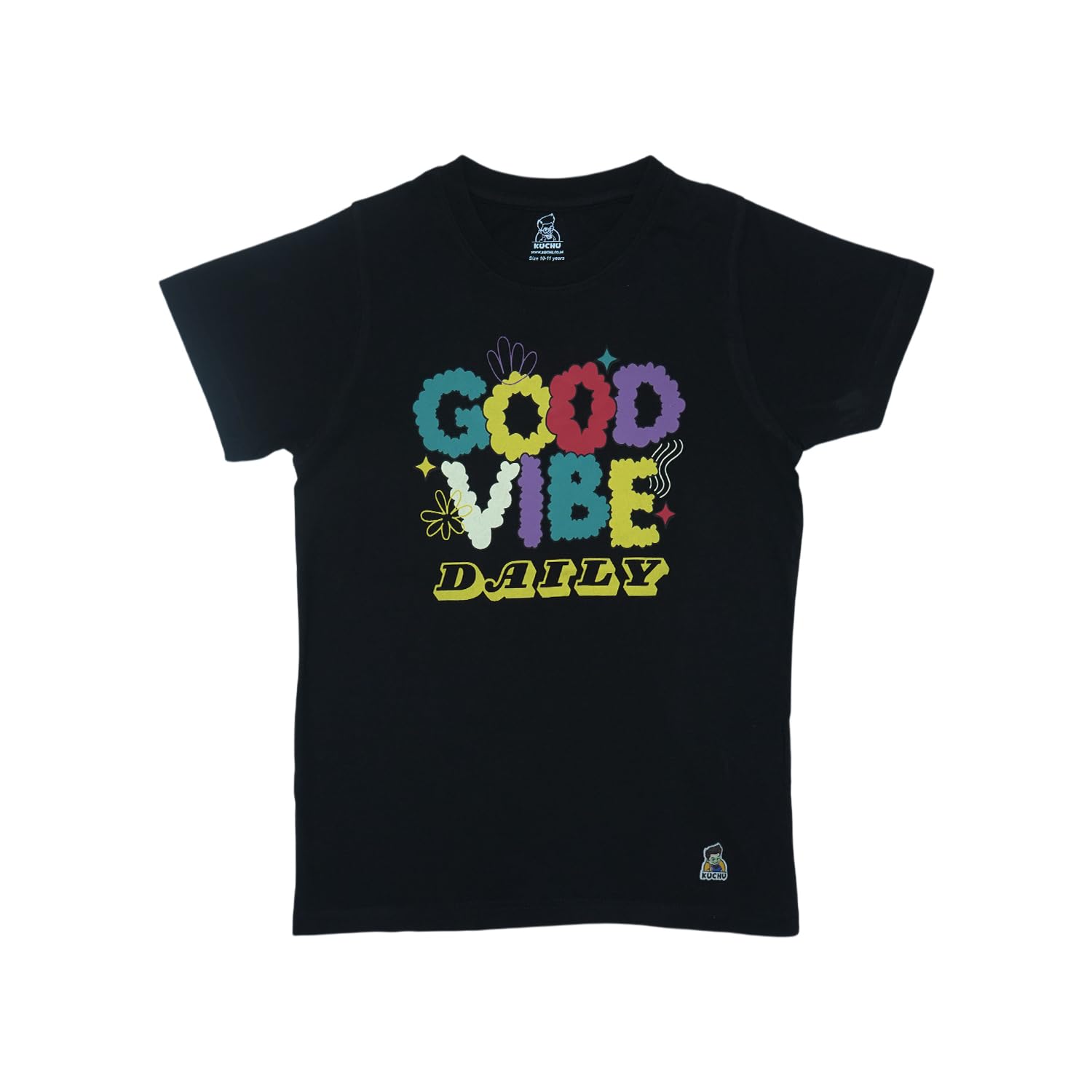 KUCHU Kids’ Unisex T-Shirt (Black) “Good Vibes” Digital Print | Soft Cotton-Modal Blend | Breathable, Comfortable & Durable Casual Wear for Boys & Girls