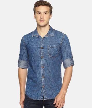 OJASS Denim Regular Fit Self Design Full Sleeves Men's Casual Shirt - Blue ( Pack of 1 )
