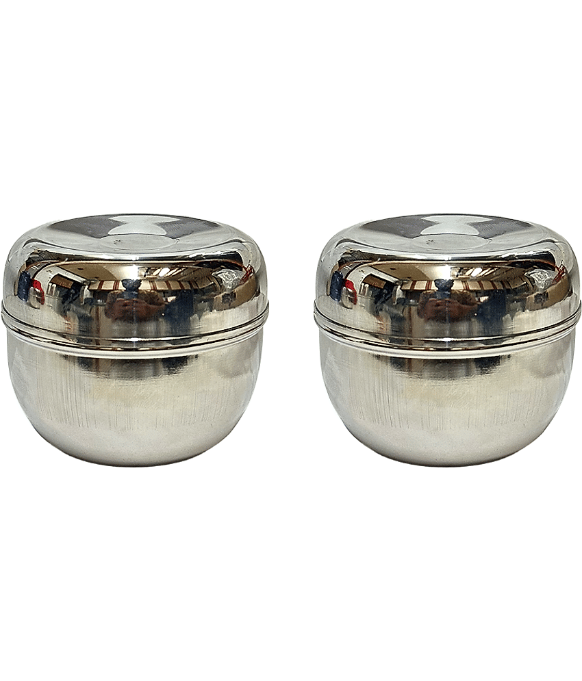 Dynore Apple Shape Dabbi Steel Silver Utility Container ( Set of 2 )